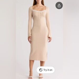New Lush Bow Detail Long Sleeve Rib Midi Dress Mocha